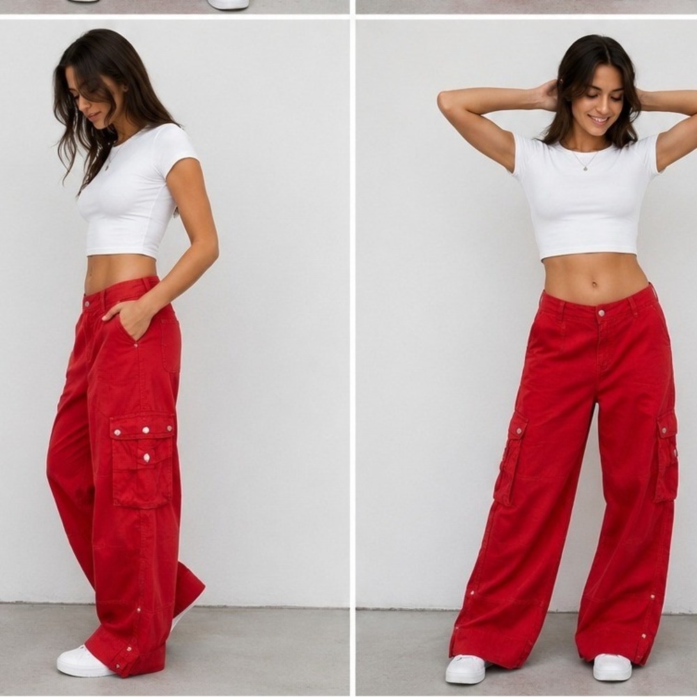 Dear John Women Firetruck Red Wide Leg Cargo Pants Size 27 Small‎ Skater Y2k